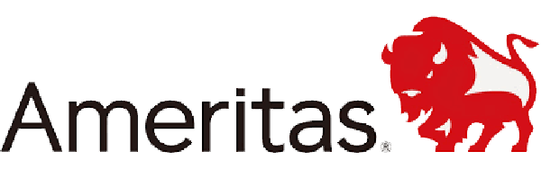 Logo of Ameritas, featuring the word 'Ameritas' in black text with a red stylized bison to the right.