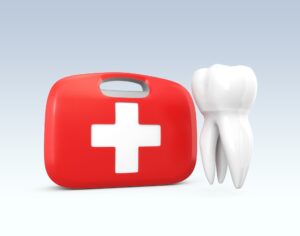 3D render of a molar tooth next to a red first aid kit with a white cross, symbolizing emergency dental services, against a soft blue background.