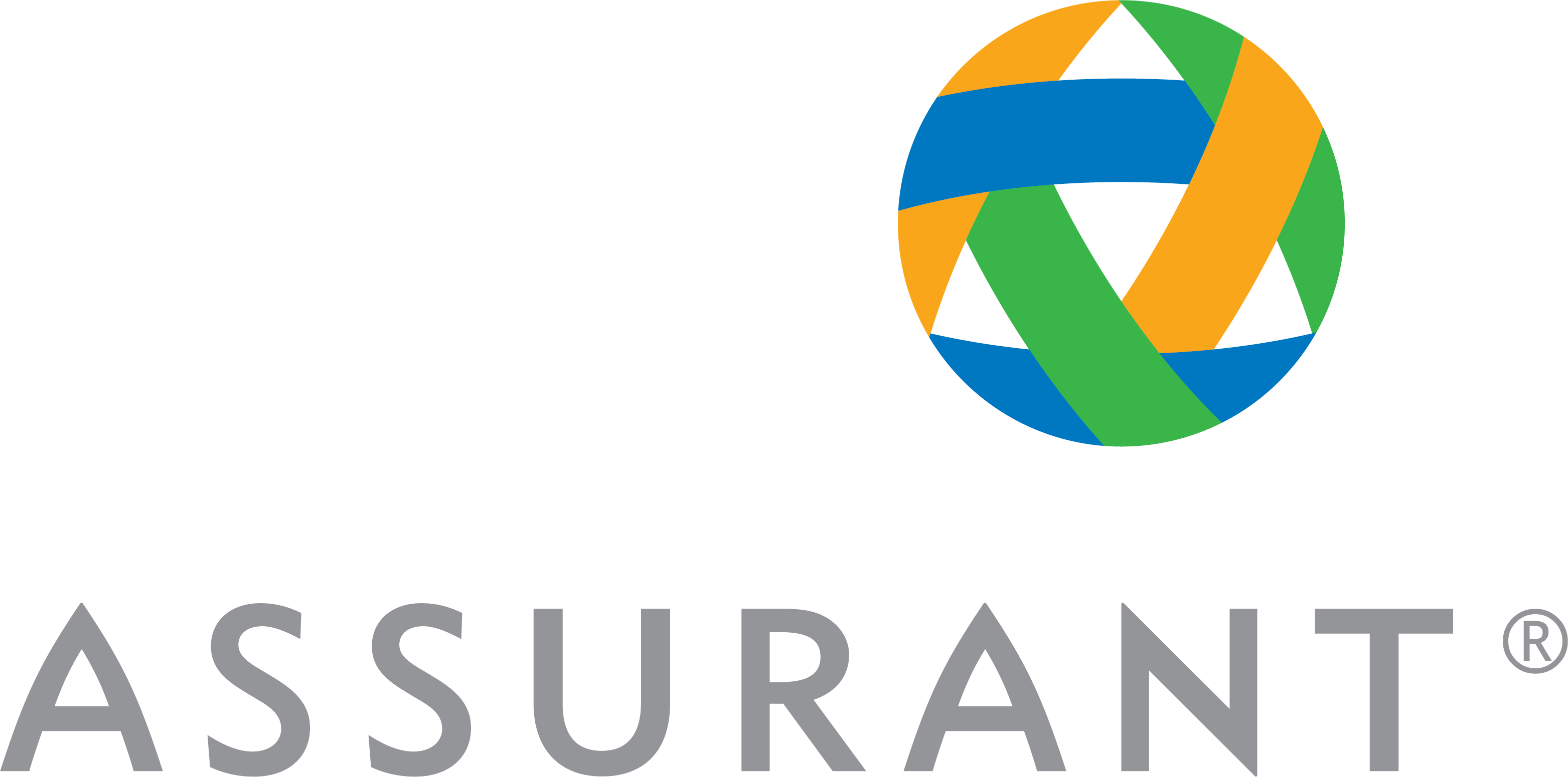 The image shows the logo of Assurant. The logo consists of a circular design with interwoven bands of blue, green, and orange colors, and the word 
