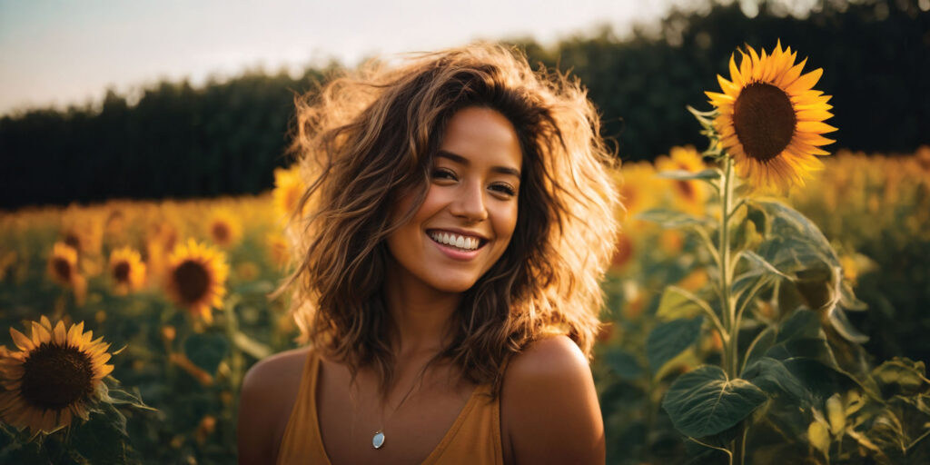 A girl smiling in the middle of the sunflower field. She has a short wavy hair wearing a mustard sleeveless top and a necklace.
